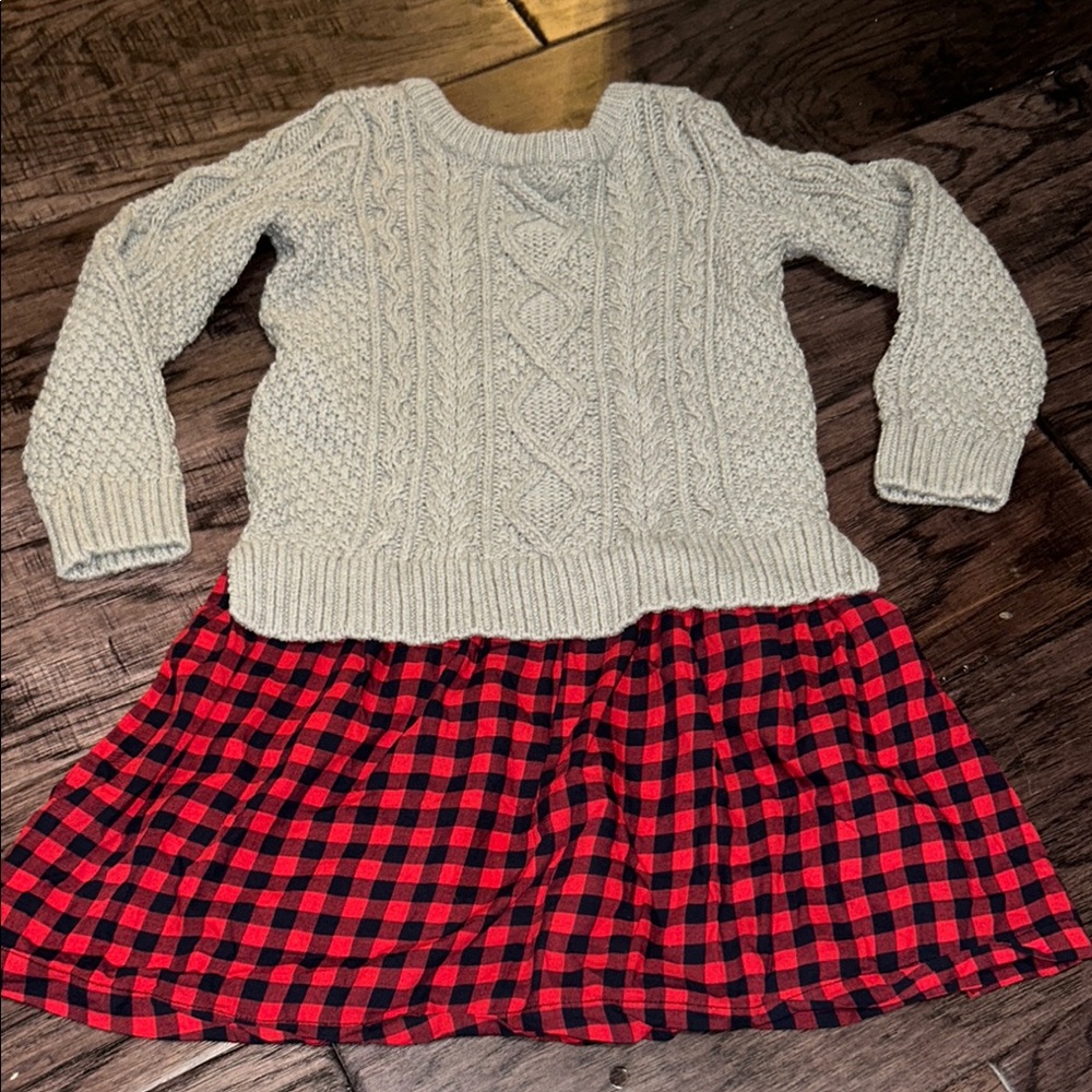 Gap Kids Cozy Gray Cable Knit Sweater with Red Plaid Skirt